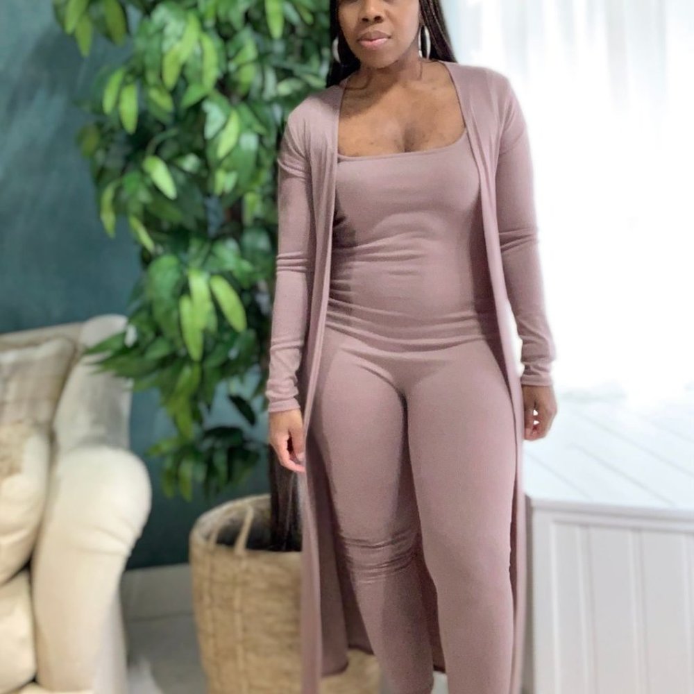 (NWT) Ribbed Jumpsuit & Cardigan Matching Set - Mauve/Taupe